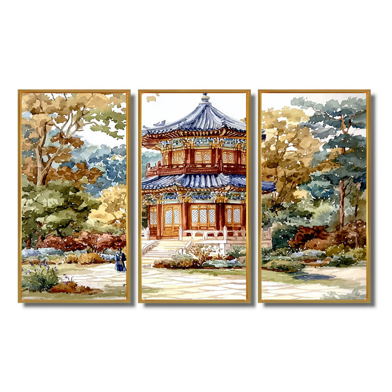 Ensemble de salon japonais avec art japonais majestueux, temple japonais I, H 32 po x l 48 po, Doré
