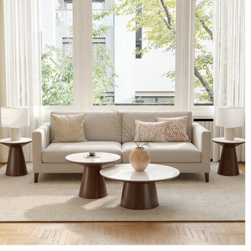 4-Piece Round Sintered Stone Coffee Table Set, Glossy Marble White