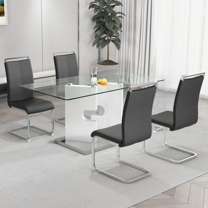63"  Dining Table Set, Glass Dining Room Table Set With PU Leather Chairs, Grey, 5 Pieces: Table, 4 Chairs