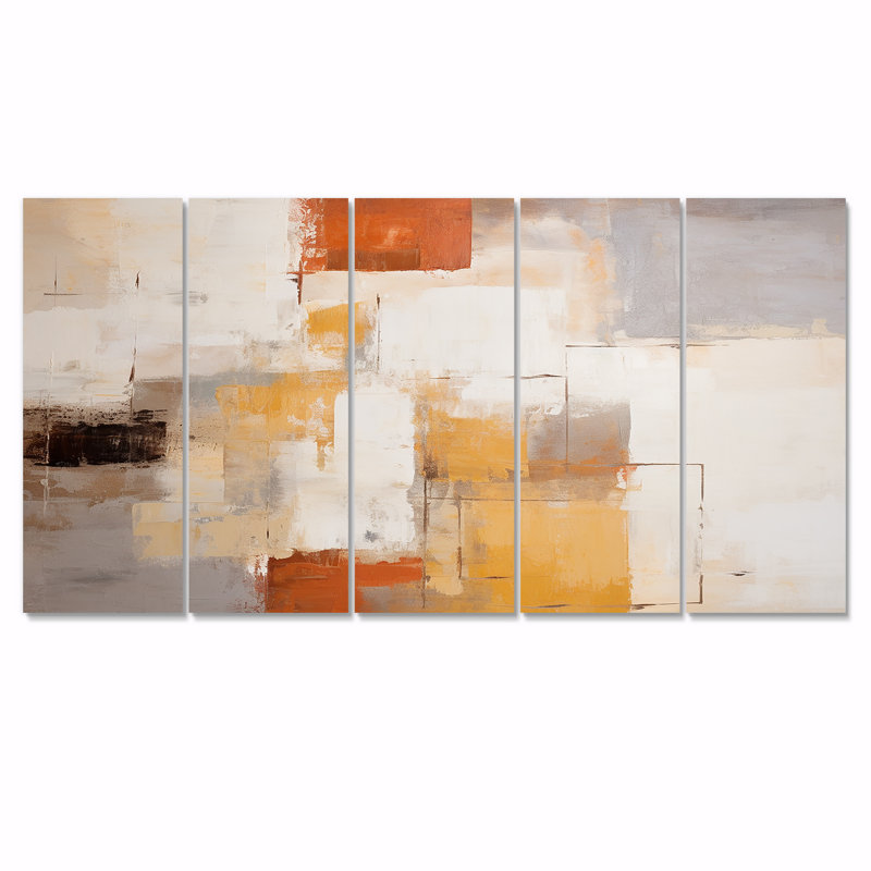 Serenity déconstruit cubiste orange - art mural abstrait 5 pièces, H 32 po x l 80 po