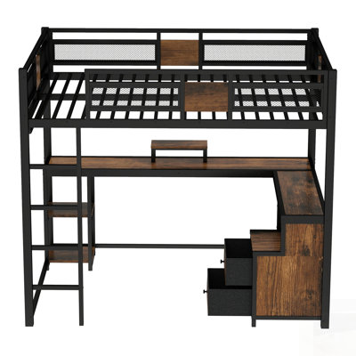 Loft Bed With Desk, Storage, And Non-Woven Fabric Drawers, Noise-Free Metal Frame, No Spring Box Needed