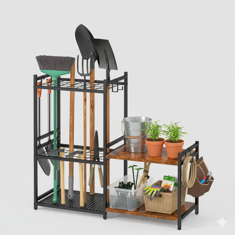 Garage Tool Organizer With 2-Tier Shelves