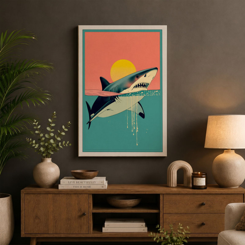Shark at Sunrise Art Deco - Wrapped Canvas, 18x12 - 45.7 x 30.5 cm, Sage Border