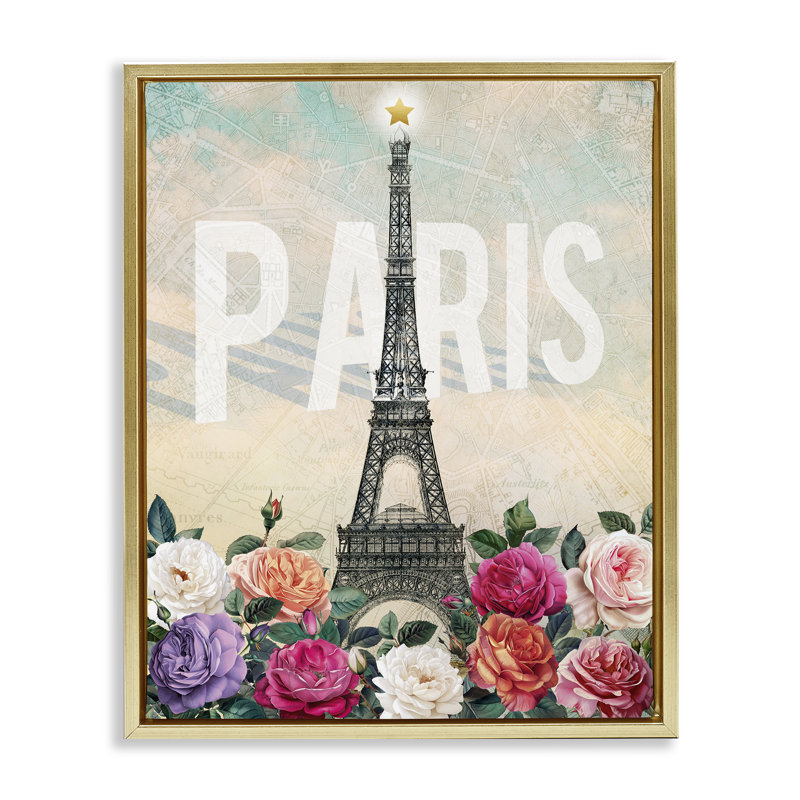 Tour de Paris avec des roses en fleurs, H 31 po x l 25 po, Cadre flottant métallique doré