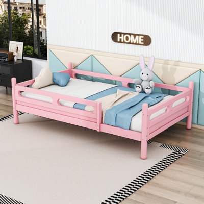 Wooden Platform Bed with Safety Guardrails, Rounded Corners, Secure Wooden Slat Support