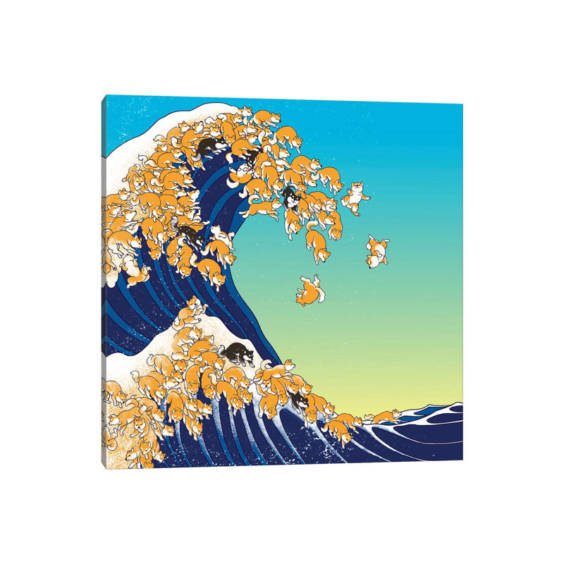 «Shiba Inu in Great Waves» par Big Nose Work - impression d'art graphique, H 12 po x l 12 po x P 0,75 po, Toile tendue