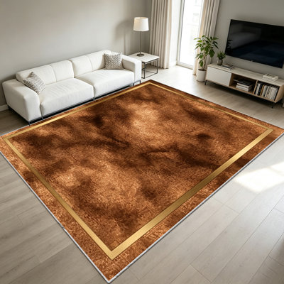 Tapis d'intérieur vintage brun bronze texturé avec cadre doré, 1 pièce, pour salon, doux, pliable, facile d'entretien, lavable en machine, convient pour la salle à manger, la chambre, la cuisine, l'entrée, le bureau à domicile, le corridor, le patio, décoration intérieure.