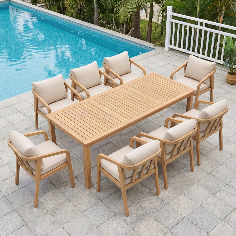 Ensemble repas d'extérieur en bois d'acacia 8 personnes Barkbridge avec coussins résistants à l'eau et trou pour parasol