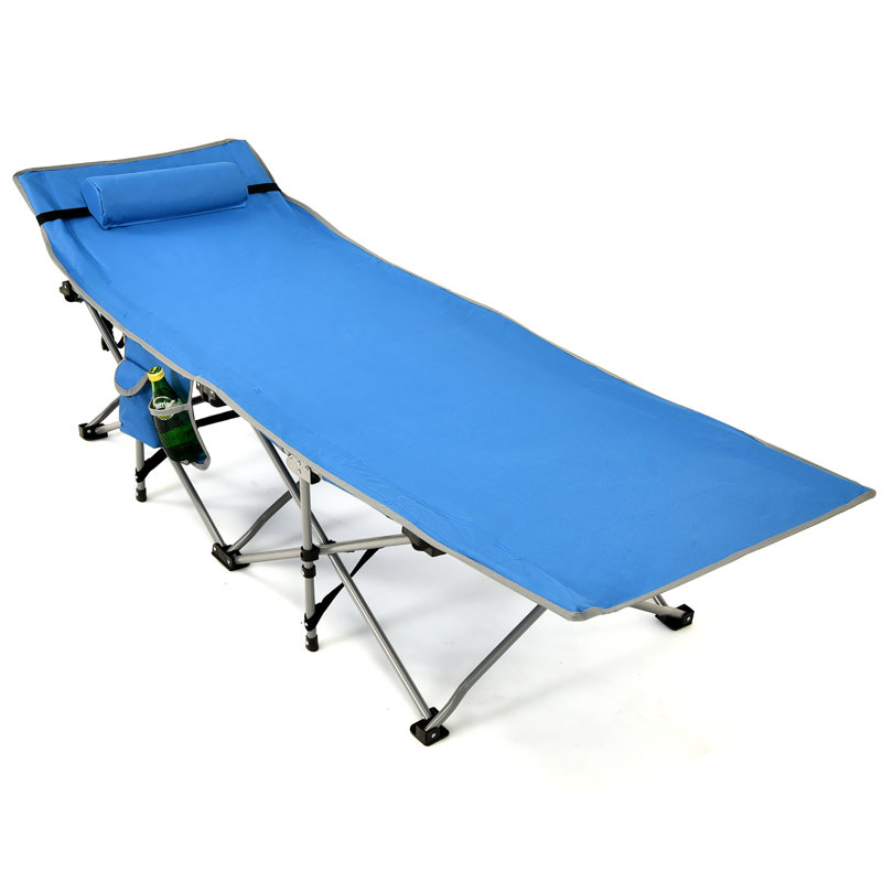 Lit de camp pliant robuste pour l'extérieur avec poche de rangement latérale bleue, Bleu
