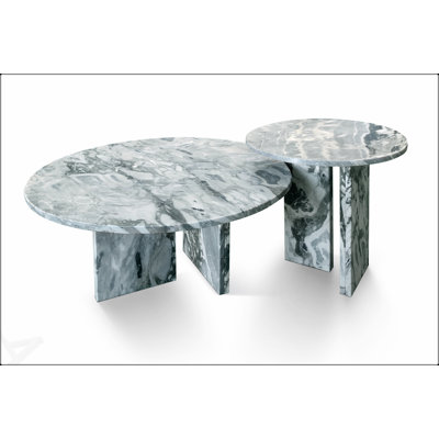 Blue Gray Natural Marble Coffee Table Set, Genuine Stone, Unique Veining, Polished Surface, Luxury Living Room Furniture