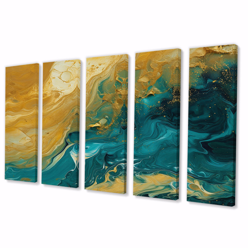 Golden Sunshine In Deep Blue Ocean Abstract - Abstract Wall Art Print - 5 Equal Panels