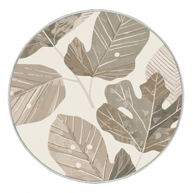 Machine Washable Pascasio Fiddle Leaf Fig Scandinavian Geometric Rug in Beige – White Binding, 3' Round