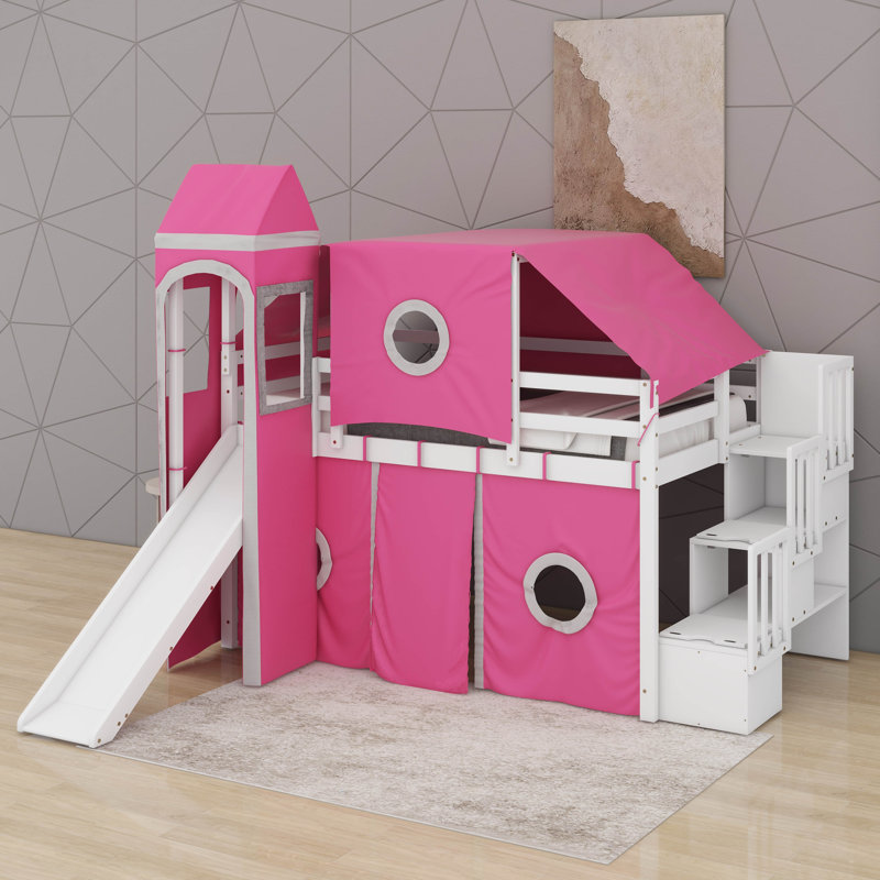 Lit mezzanine double avec tour et tente, Rose