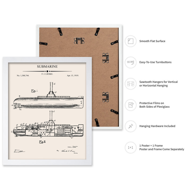 Submarine Blueprint, Poster, 12"H x 16"W, White Framed