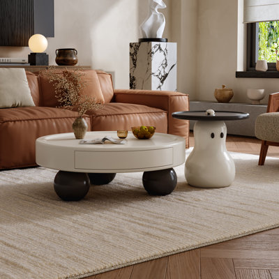 Euharlee Cute Cream Coffee Table Set with Drawer Storage, Round Center & Side Tables for Living Romm