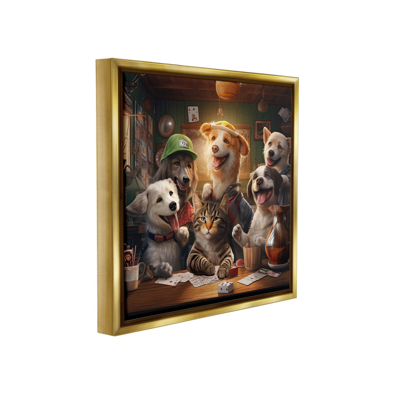 "Animaux jouant aux jeux de cartes avec cadre flottant" par Jim Baldwin sur toile, Cadre flottant métallique doré
