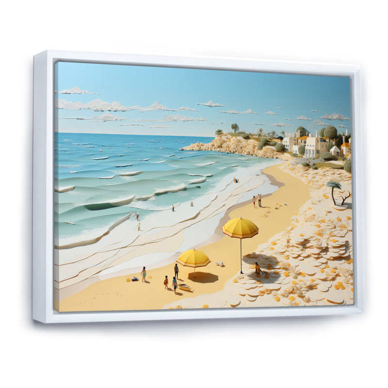 Ambre Coastal Beachside Wanderer Papercut sur toile, Cadre flottant blanc, H 12 po x l 20 po x P 1 po