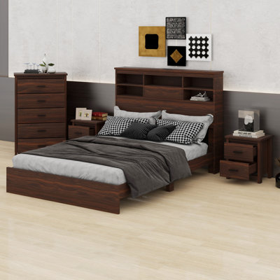 4PCS Wooden Bedroom Set, Bed Frame with Storage Headboard and USB Charging Station, 2 Nightstands + 1 Dresser Organizer