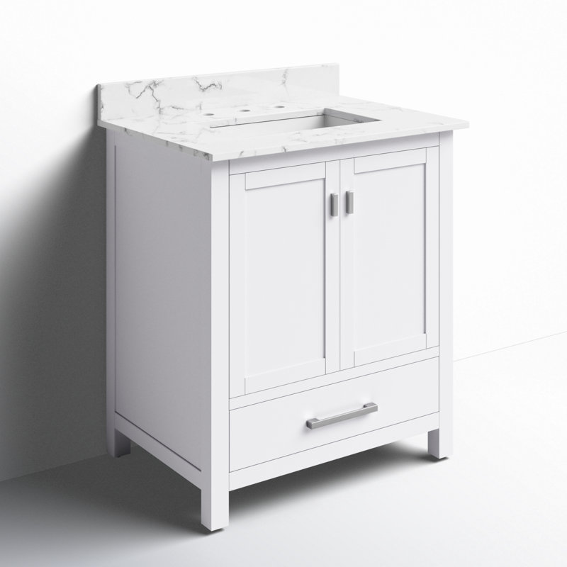 Meuble-lavabo simple 30 po avec plateau Souther, Blanc, Marbre blanc de Cala, Nickel brossé