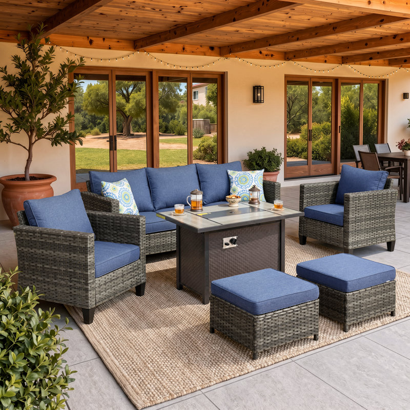 Grano Wicker 5 - Person Patio Conversation Set with Cushions, Denim Blue