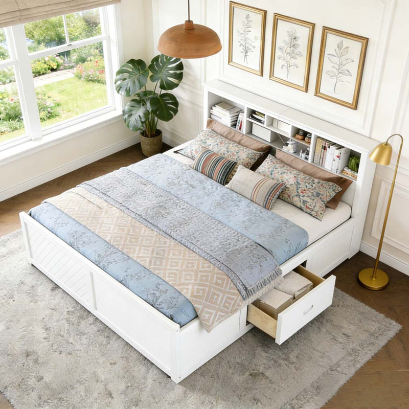 Lit plateforme très grand en bois avec tête de lit à rangement multiple, Blanc