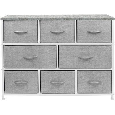 Sorbus 8 Drawers Wide Dresser with Steel Frame, Wood Top, and Fabric Bins in Gray