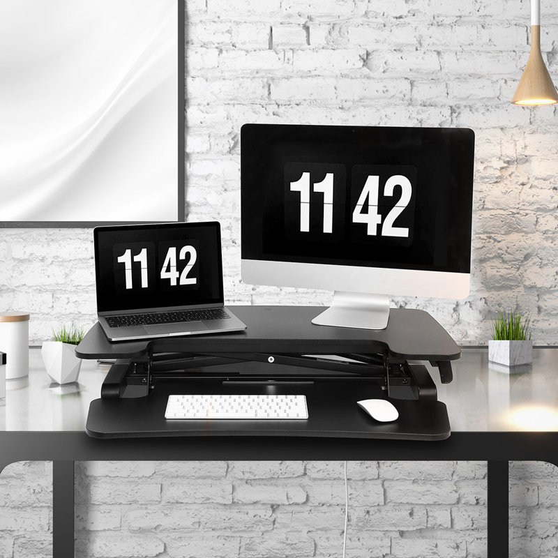 Desk Converter with Removable Keyboard Tray, Black/Black, 19.6" H x 32" W x 16" D