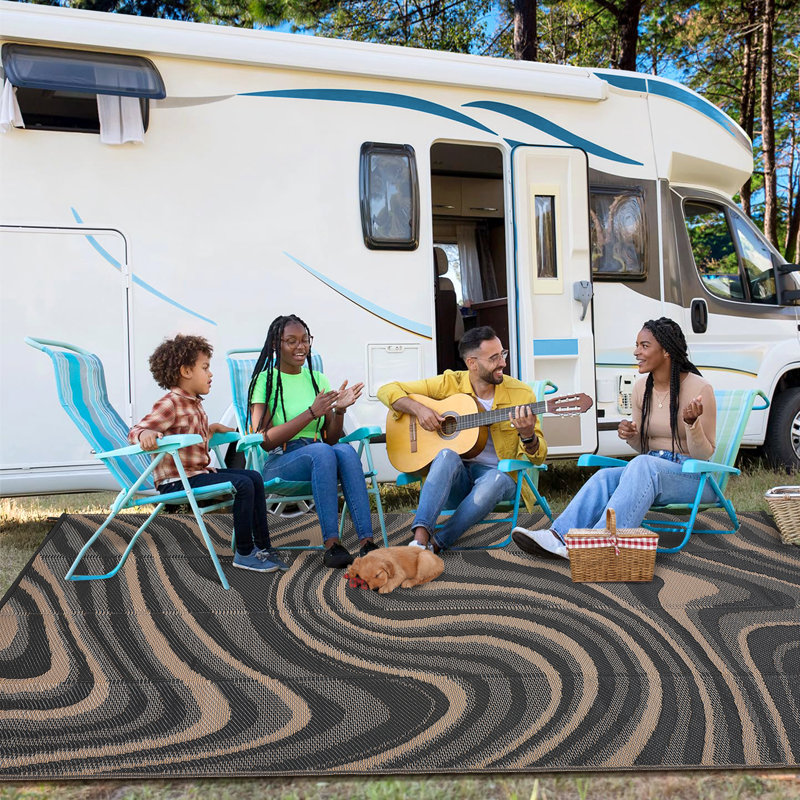 Outdoor Plastic Straw Rug - Modern Striped, Easy Clean & Collapsible Patio Mat, Portable Low Pile Carpet, Perfect for Garden, Patio, Camping