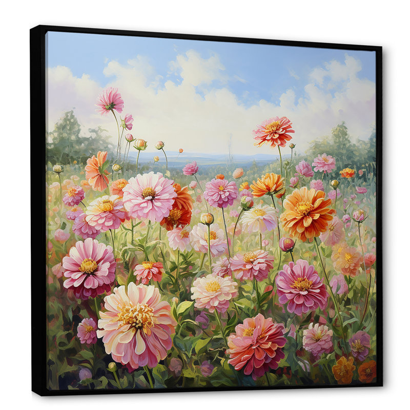 Zinnias Charm In Summer, reproduction d'art sur toile, Cadre flottant noir, H 24 po x l 24 po x P 1 po