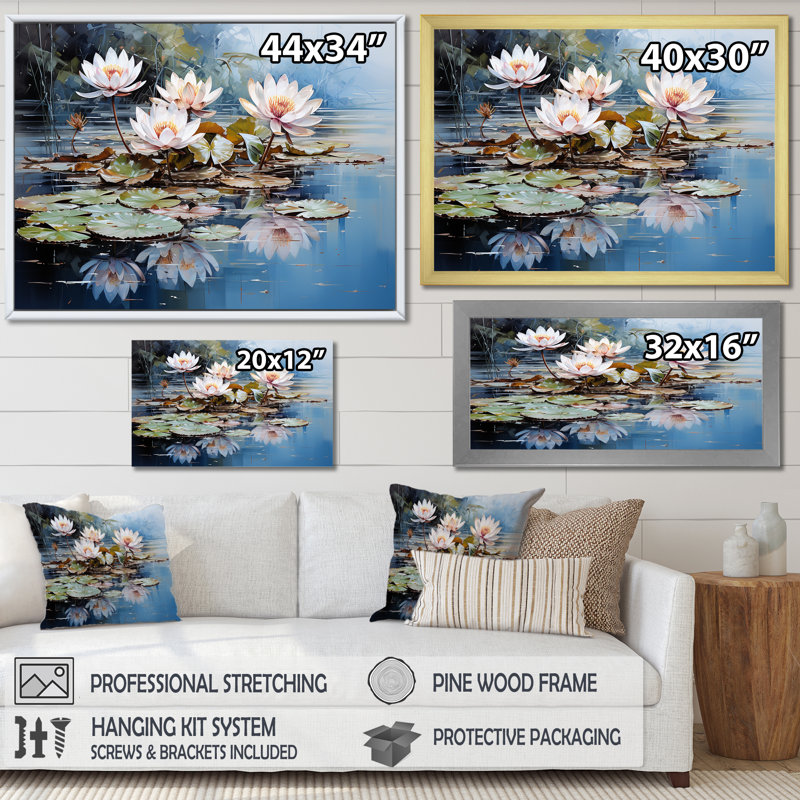 «Reflection Lotus Stillness Meditation I», art mural sur toile Lotus, Cadre flottant brun, H 30 po x l 40 po x P 1,5 po