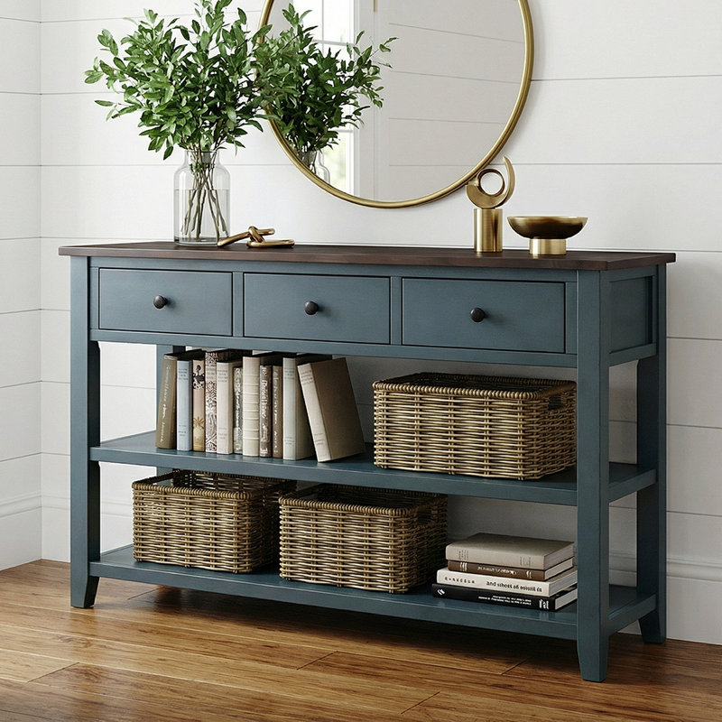 Retro Design Console Table with Two Open Shelves, Navy/Brown