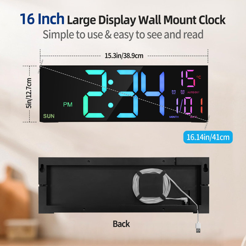 Grande horloge murale numérique avec télécommande, grande DEL, Noir, noir, noir, noir