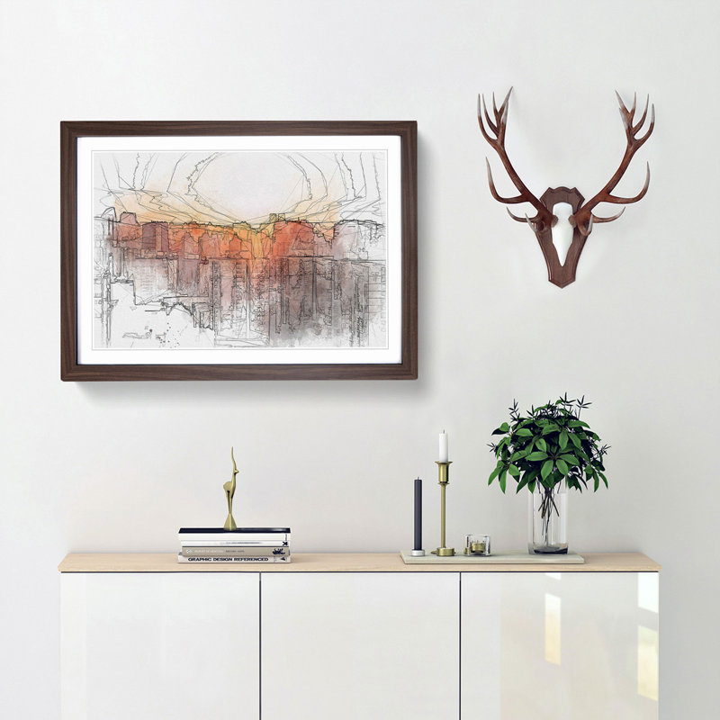 The Beijing Skyline at Sunset in Abstract - Picture Frame Drawing Print, Walnut Framed, 62cm H x 87cm W x 2cm D