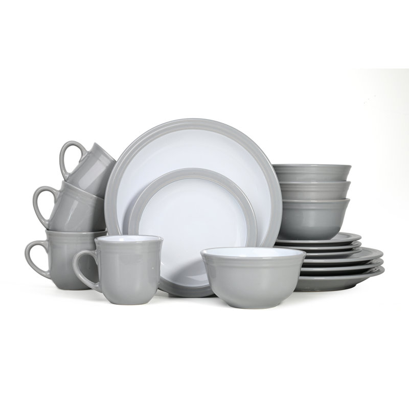 Helene 16 Piece Stoneware Dinnerware Set - Service for 4, White/Grey