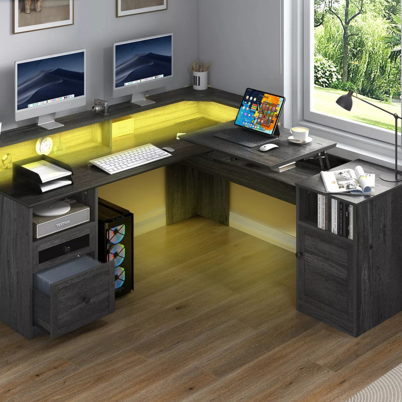 Balconera 60'' L Shaped Desk With Power Outlet,  LED Lights & Lift Top, Gray