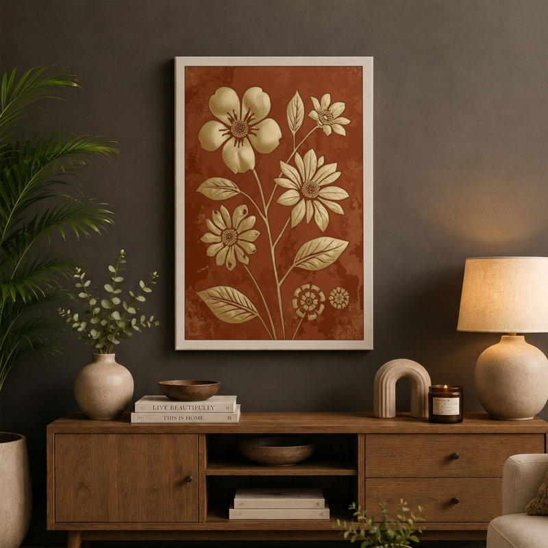 Study in Ochre Botanical - Wrapped Canvas, 30x20 - 76.2 x 50.8 cm, Teal Border
