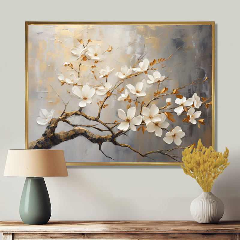 Arbre floral doré et gris sérénité - oiseau, art mural, H 16 po x l 32 po x P 1 po, Cadre flottant doré
