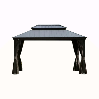 Pavillon de jardin rigide de 12 pi x 16 pi avec toit en résine, pavillon de jardin extérieur en métal avec gouttières de drainage, pavillon permanent pour patio, cour et terrasse, rideaux et moustiquaire inclus
