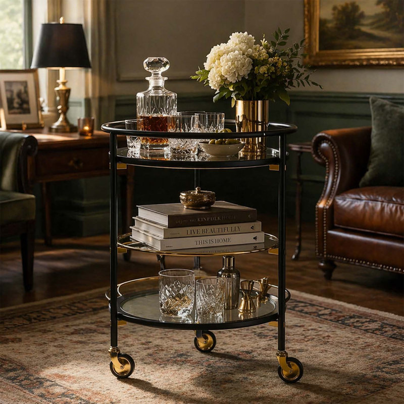 Table d'appoint ronde avec tablettes, finition blanche vieillie pour une élégance moderne, Noir, or