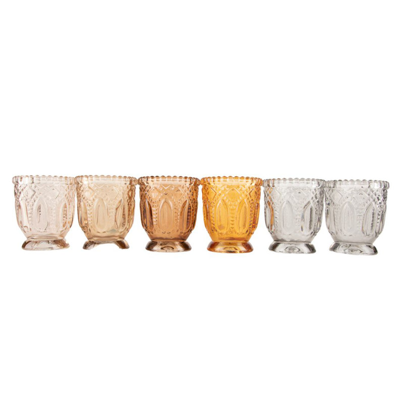 Set of 6 Earth Tone Vintage Glass Candle Holders with Diamond Facet Detailing