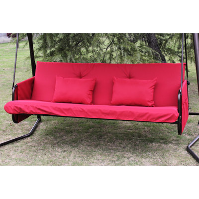 Balancelle d'extérieur rouge en métal avec coussin et auvent. Structure en acier. Siège en tissu, imperméable et respirant. Chaise / lit convertible. Coussin doux, suspension améliorée. Facile à assembler