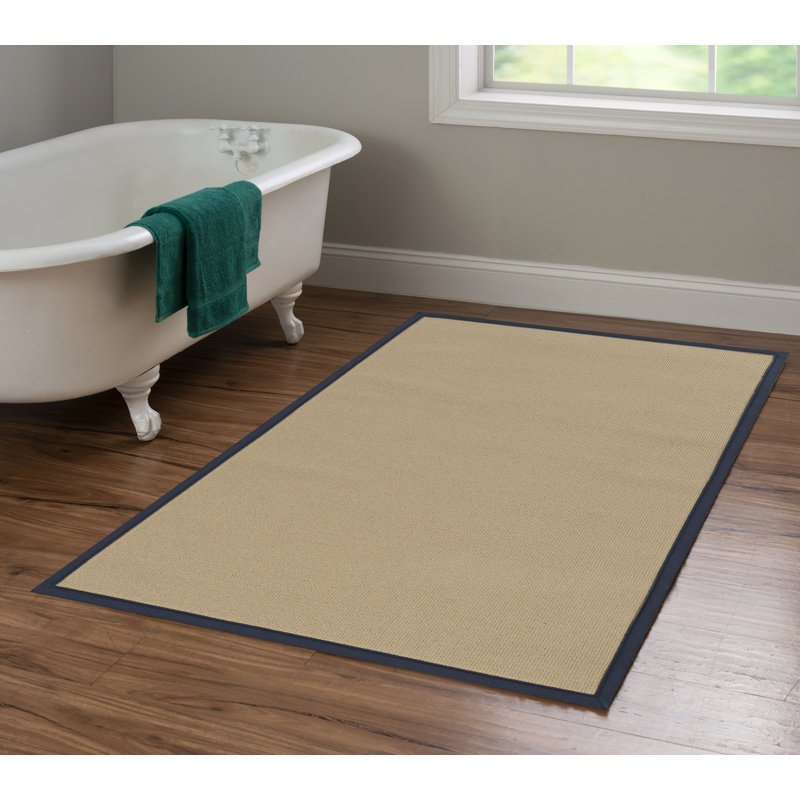 Nannette Handmade Medium Beige Berber with Navy Blue Cotton Border Made in the USA Area Rug, Rectangle 4' x 6'