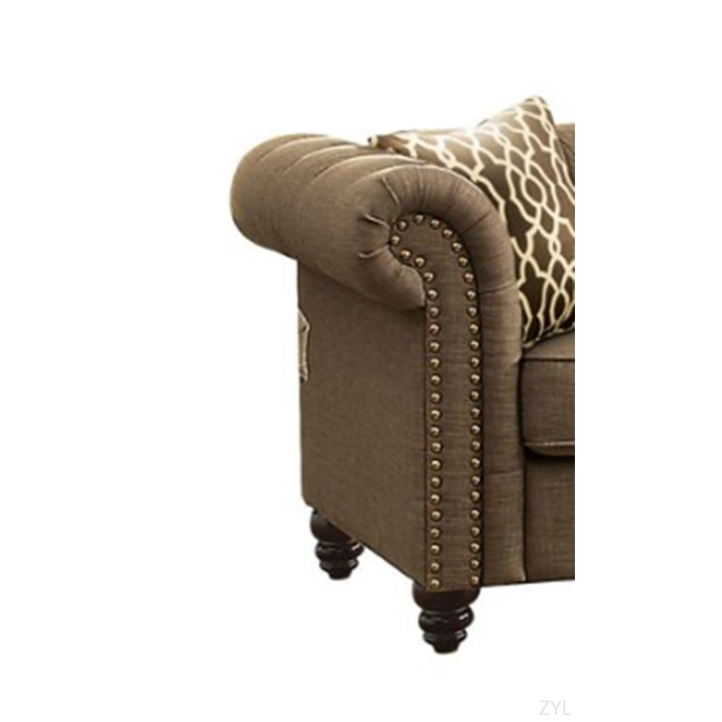 Causeuse en lin brun avec 2 coussins, Brun, Brun