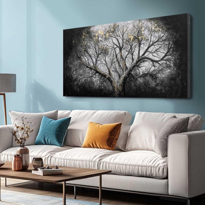 Black Art Tree Painting On Canvas Black And White Wall Decor For Office Gold Foil Picture Misty Forest Artwork For Dining Room Bedroom 24"X 48"