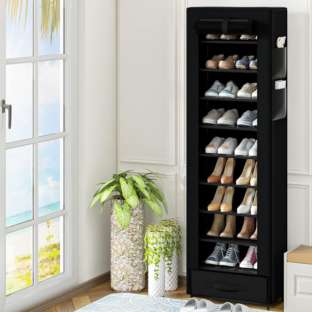 Latitude Run® 10-tier Tall Shoe Rack – Narrow Fabric-covered Organizer ...