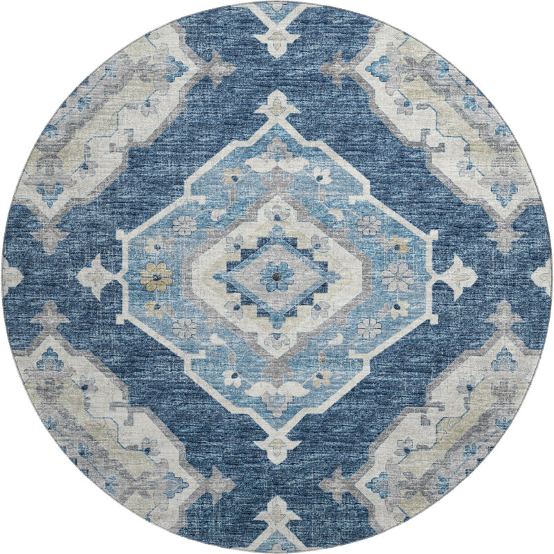 Premium Machine Washable Andreau AMF91 Blue Rug, Round 8'