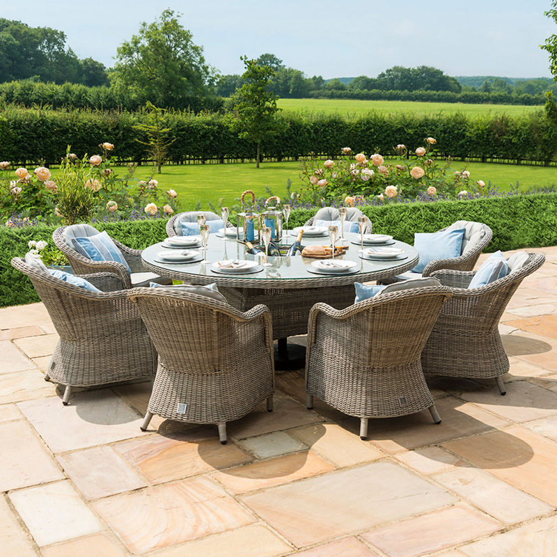 Lotta Heritage 8 Seat Round Rattan Dining Set - with Ice Bucket & Lazy Susan, Off White, Grey