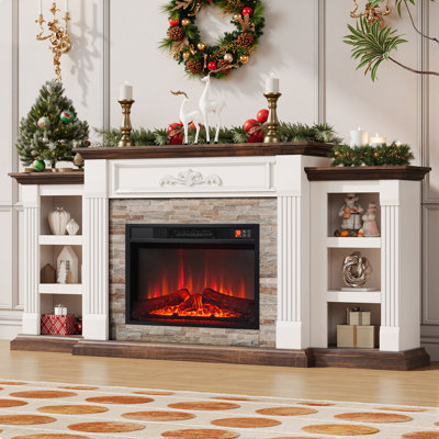 72" Farmhouse Electric Fireplace With Mantel, Fireplace Tv Stand For Tvs Up To 80 Inch, Entertainment Center With Storage, Realistic Stacked Stone Surround For Living Room