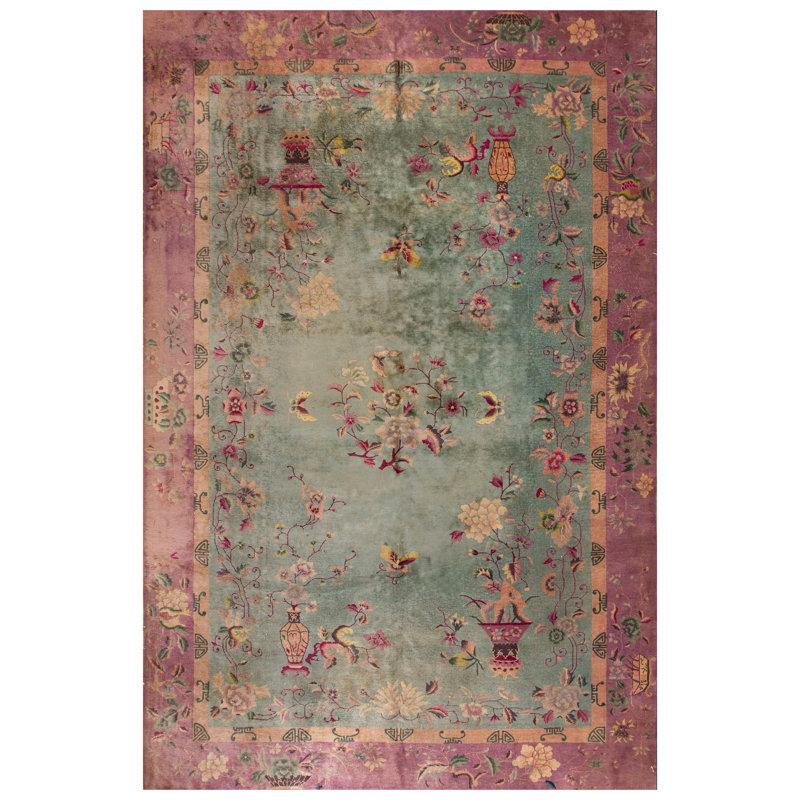 Tapis de style art déco chinois antique floral vert des années 1920 10 pi x 15 pi 6 po