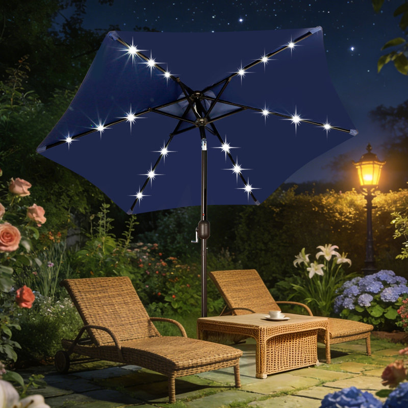 Parasol de marché lumineux 7,5 pi, parasol de patio avec inclinaison et manivelle, bleu marine